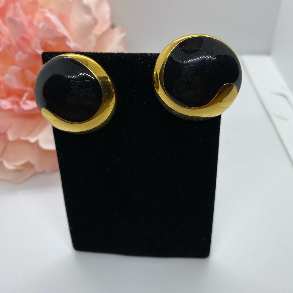 VINTAGE Monet Black Enamel Gold Tone Post Earrings